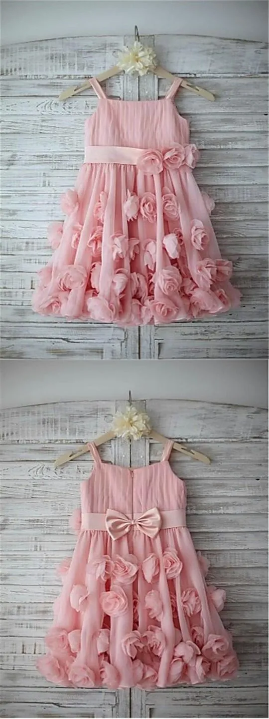 Unique Pink Spaghetti Straps Zipper Up A-Line Chiffon Flower Girl Dresses With Appliques, TYP1151