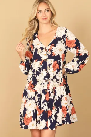 V-NECK LONG SLEEVE FLORAL DRESS