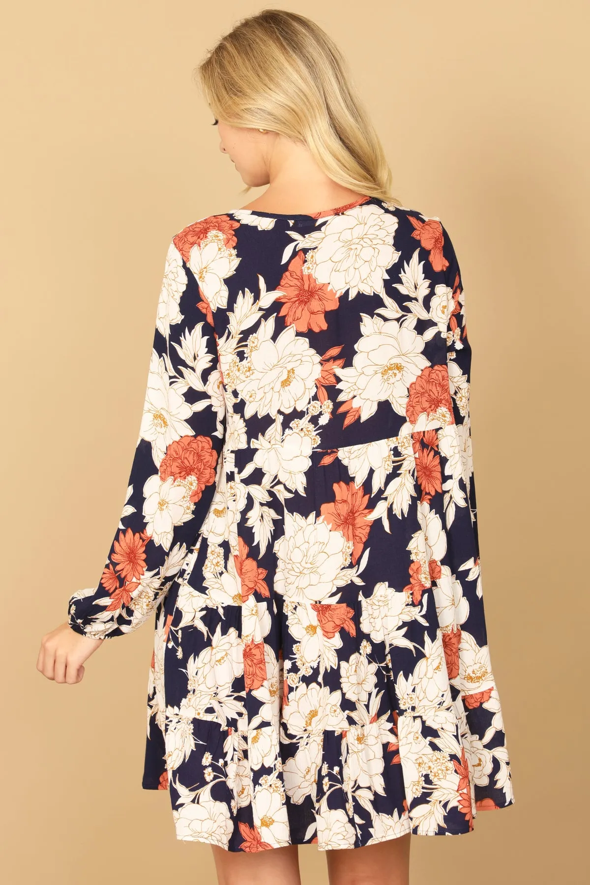 V-NECK LONG SLEEVE FLORAL DRESS