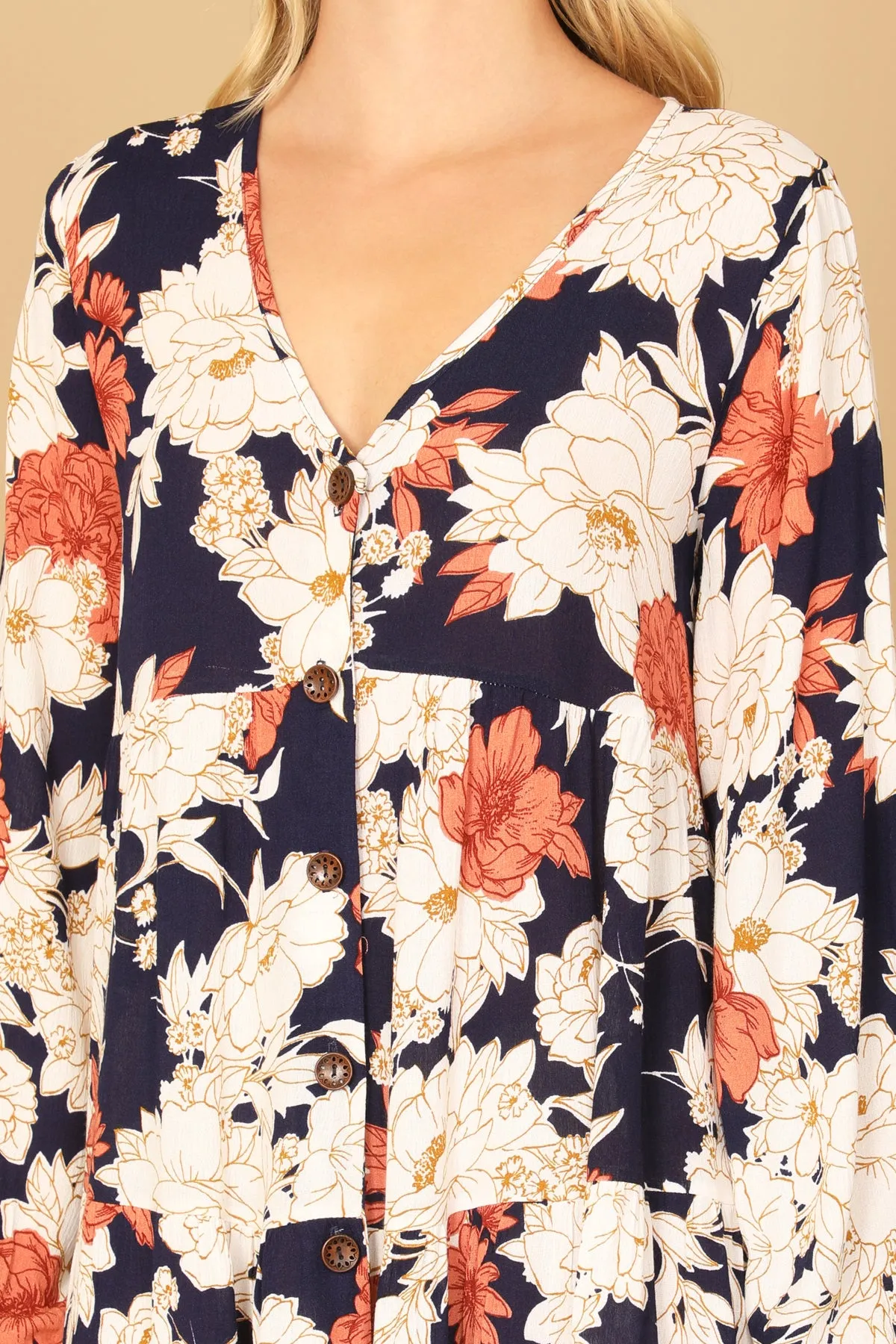 V-NECK LONG SLEEVE FLORAL DRESS