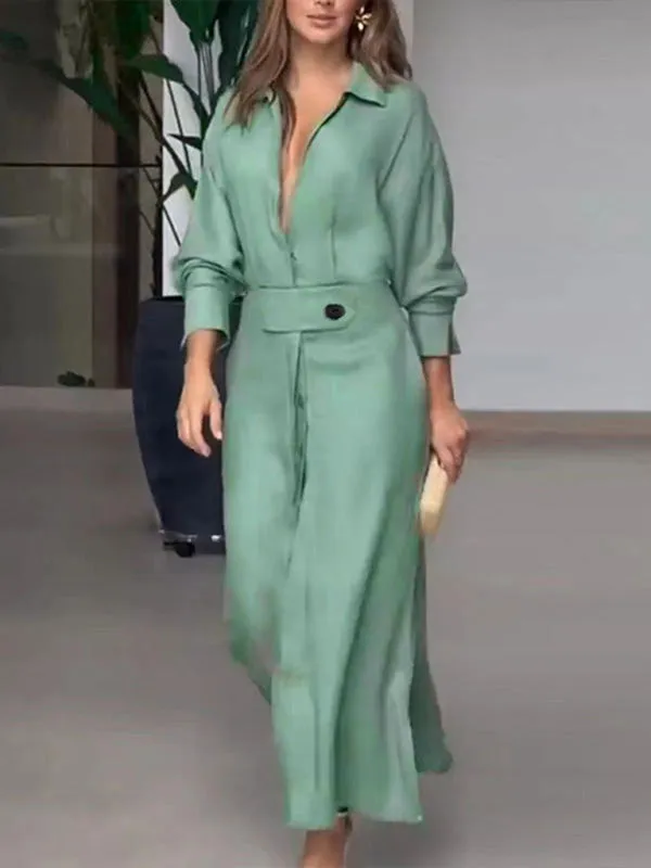 Waist-Tied Long-Sleeved Shirt Dress with Irregular Hem