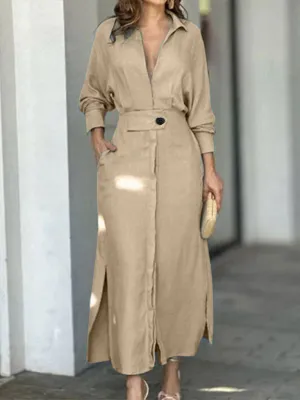 Waist-Tied Long-Sleeved Shirt Dress with Irregular Hem
