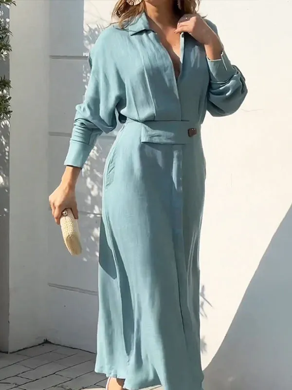 Waist-Tied Long-Sleeved Shirt Dress with Irregular Hem