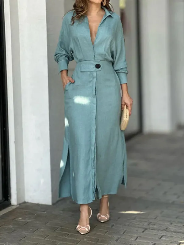 Waist-Tied Long-Sleeved Shirt Dress with Irregular Hem