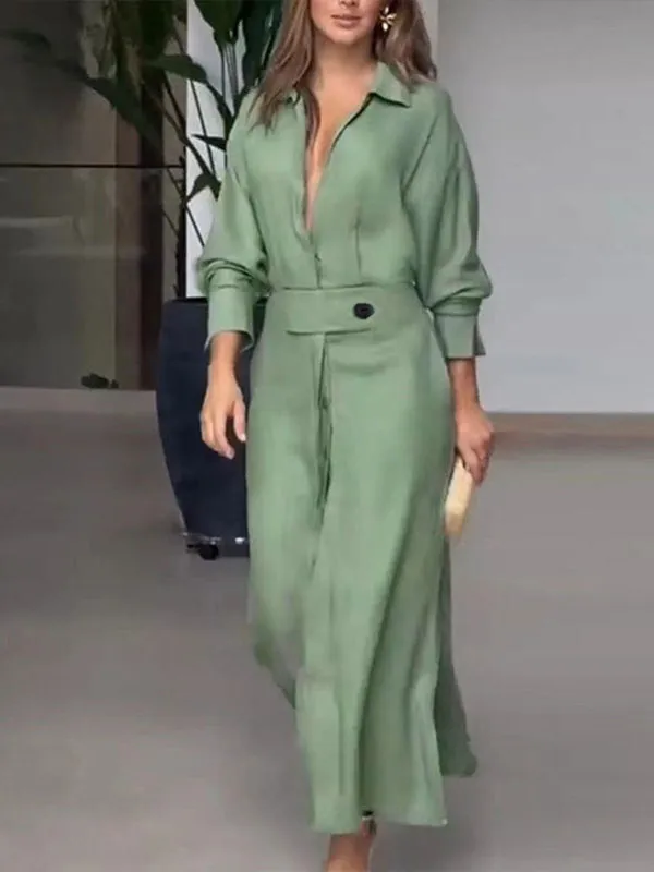 Waist-Tied Long-Sleeved Shirt Dress with Irregular Hem