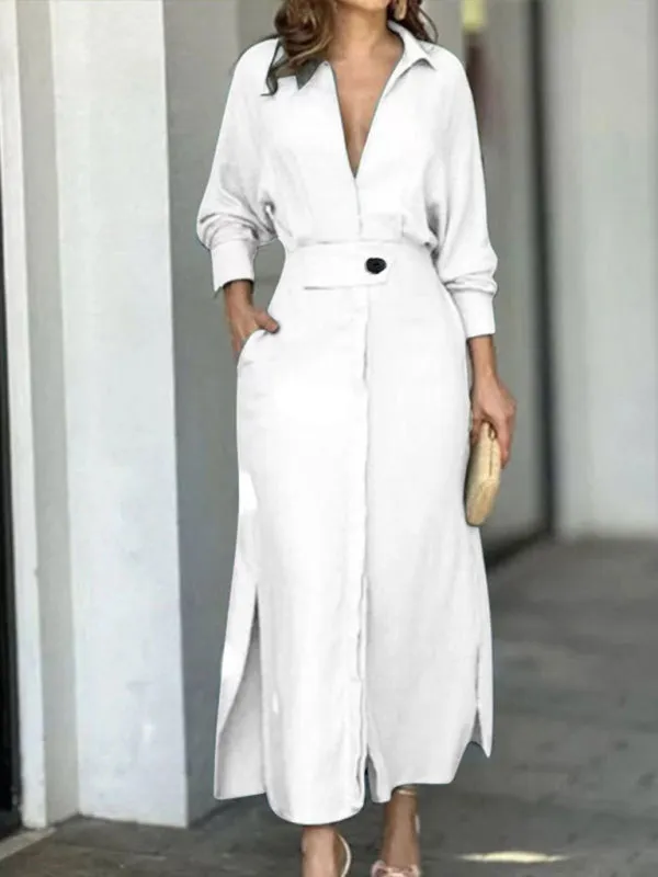 Waist-Tied Long-Sleeved Shirt Dress with Irregular Hem