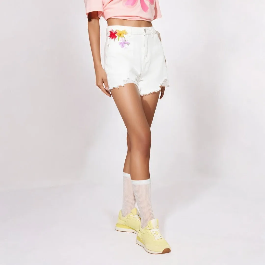 White Embroidered Floral Fresh Ripped Shorts