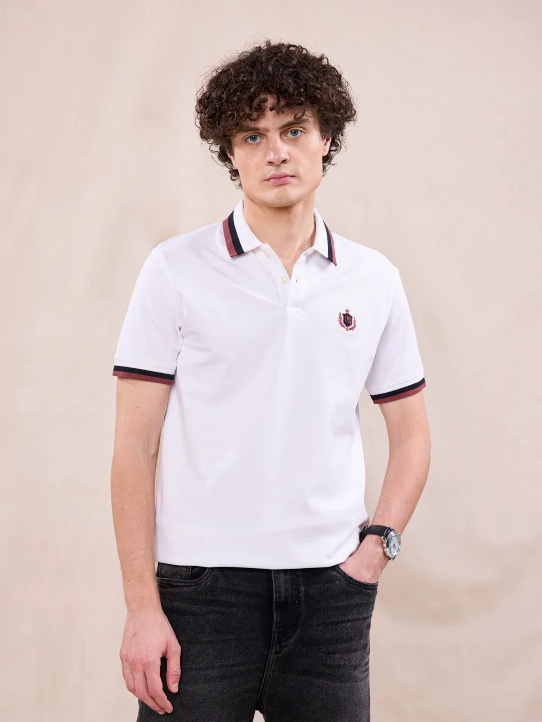 White Jacquard Cotton Polo T-Shirt