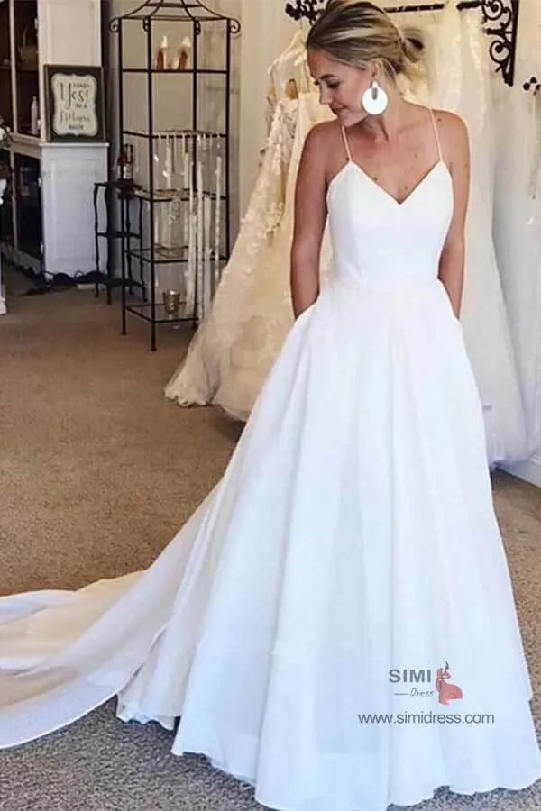 White Soft Satin V Neck Spaghetti Straps Wedding Dresses with Train, SW389