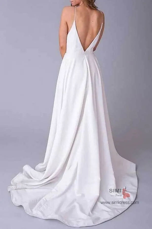 White Soft Satin V Neck Spaghetti Straps Wedding Dresses with Train, SW389