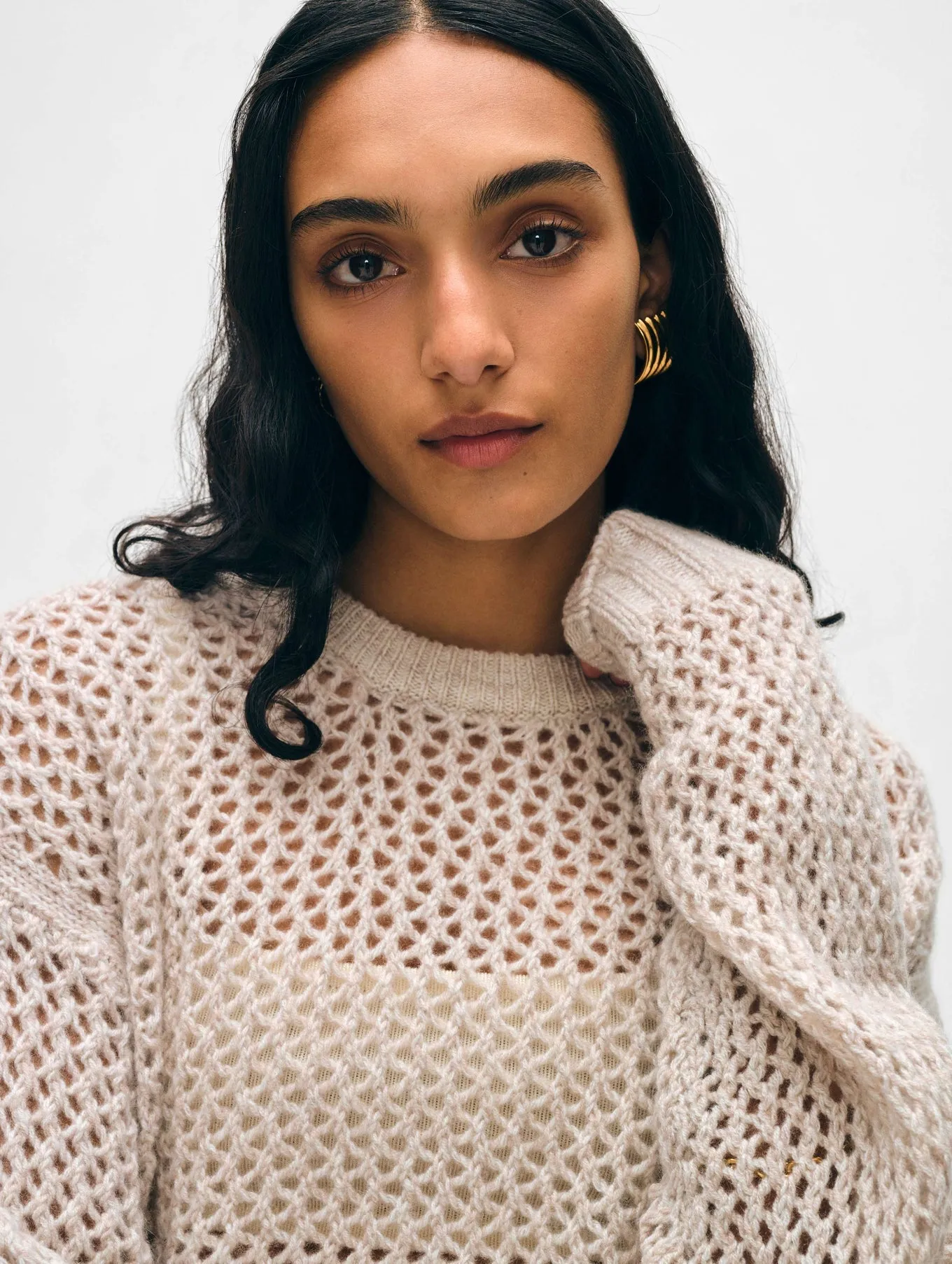 White   Warren - Cashmere Marled Mesh Crewneck Sweater - Sandwisp Combo