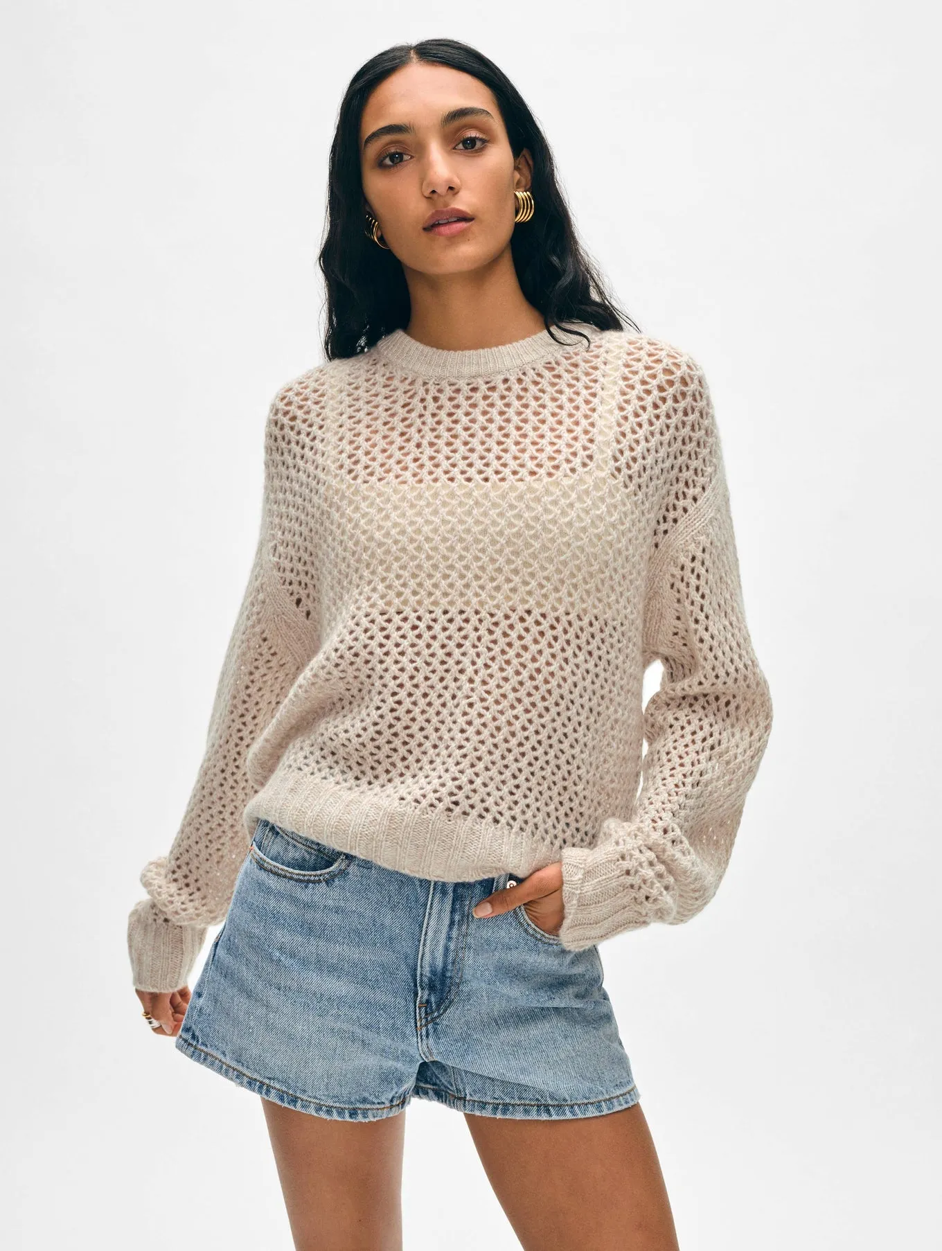 White   Warren - Cashmere Marled Mesh Crewneck Sweater - Sandwisp Combo