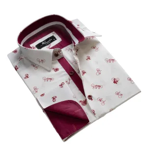White with Burgandy Bicycles Mens Slim Fit French Cuff Dress Shirts