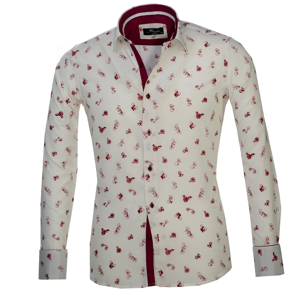 White with Burgandy Bicycles Mens Slim Fit French Cuff Dress Shirts