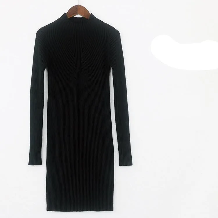 Women Winter Dresses Black Red Warm Sweater Dress Turtleneck Long Sleeve Skinny Split Pencil Knitted Office Dress