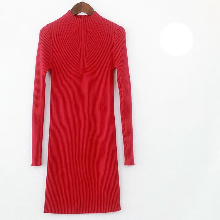 Women Winter Dresses Black Red Warm Sweater Dress Turtleneck Long Sleeve Skinny Split Pencil Knitted Office Dress