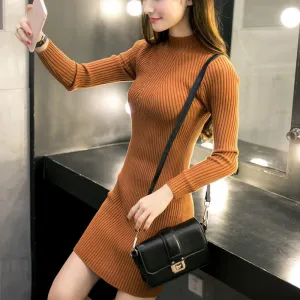Women Winter Dresses Black Red Warm Sweater Dress Turtleneck Long Sleeve Skinny Split Pencil Knitted Office Dress