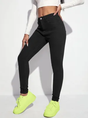 Women's Black Skinny High-Rise Clean-Look Regular-Length Stretchable Denim Jeans