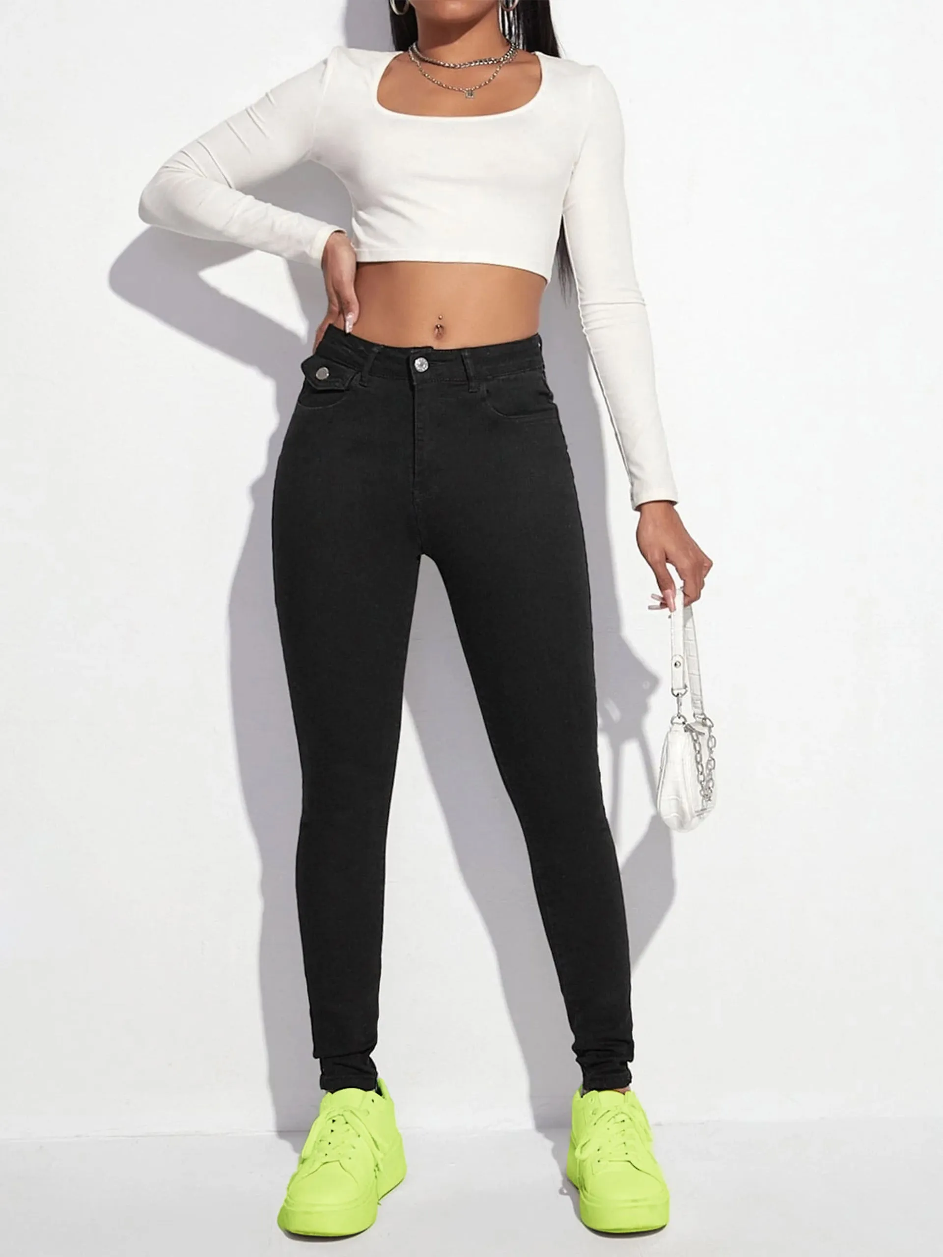 Women's Black Skinny High-Rise Clean-Look Regular-Length Stretchable Denim Jeans
