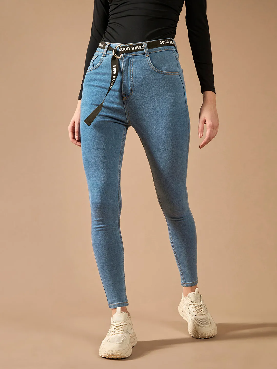 Women's Blue Cotton Skinny-Fit Cropped High-Rise Stretchable Denim Jeans