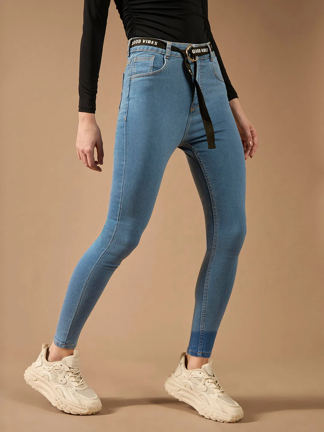 Women's Blue Cotton Skinny-Fit Cropped High-Rise Stretchable Denim Jeans