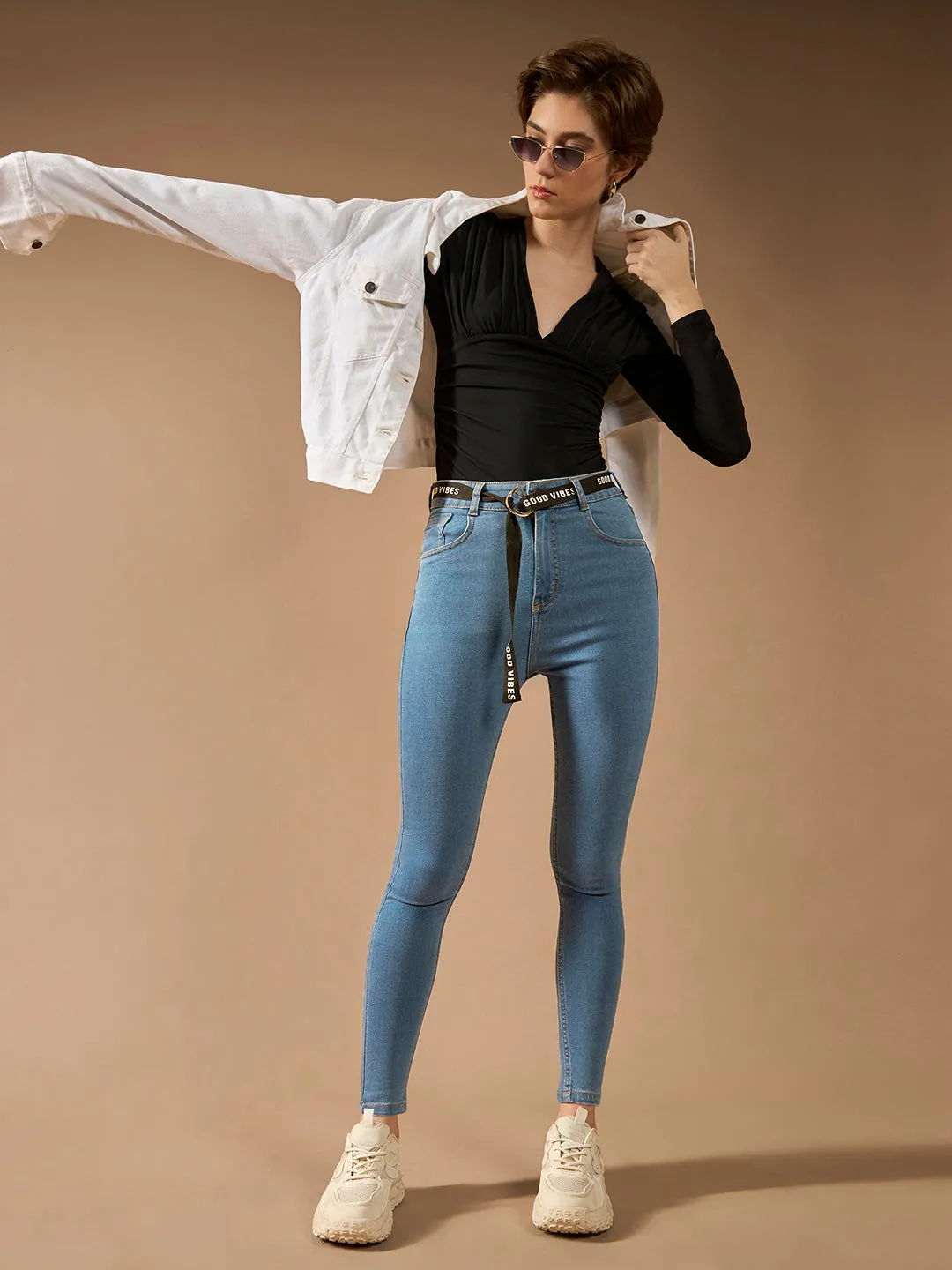 Women's Blue Cotton Skinny-Fit Cropped High-Rise Stretchable Denim Jeans