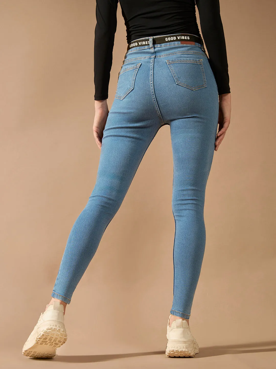 Women's Blue Cotton Skinny-Fit Cropped High-Rise Stretchable Denim Jeans