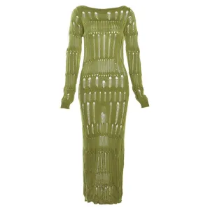 Women's Hollow Out Backless Party Long Dress Slash Neck  Long Sleeve Maxi Club Party Dress