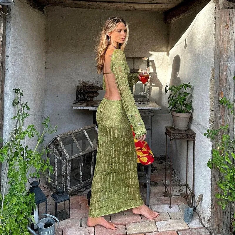 Women's Hollow Out Backless Party Long Dress Slash Neck  Long Sleeve Maxi Club Party Dress