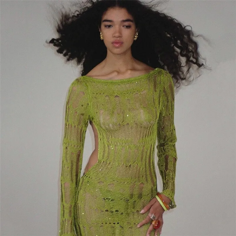 Women's Hollow Out Backless Party Long Dress Slash Neck  Long Sleeve Maxi Club Party Dress