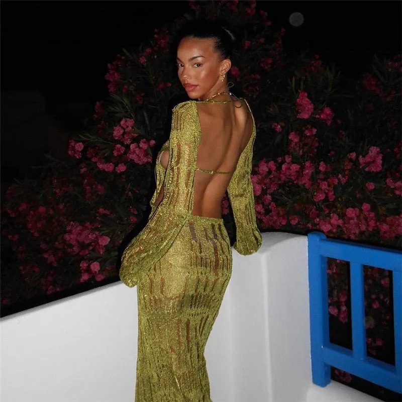 Women's Hollow Out Backless Party Long Dress Slash Neck  Long Sleeve Maxi Club Party Dress