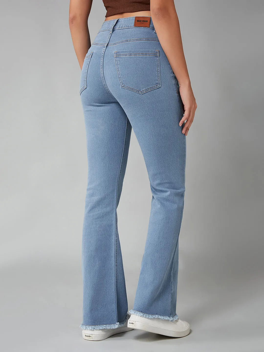Women's Light Blue Bootcut High-Rise Clean-Look Regular Stretchable Denim Jeans