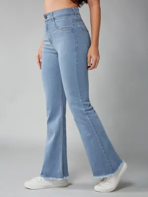 Women's Light Blue Bootcut High-Rise Clean-Look Regular Stretchable Denim Jeans