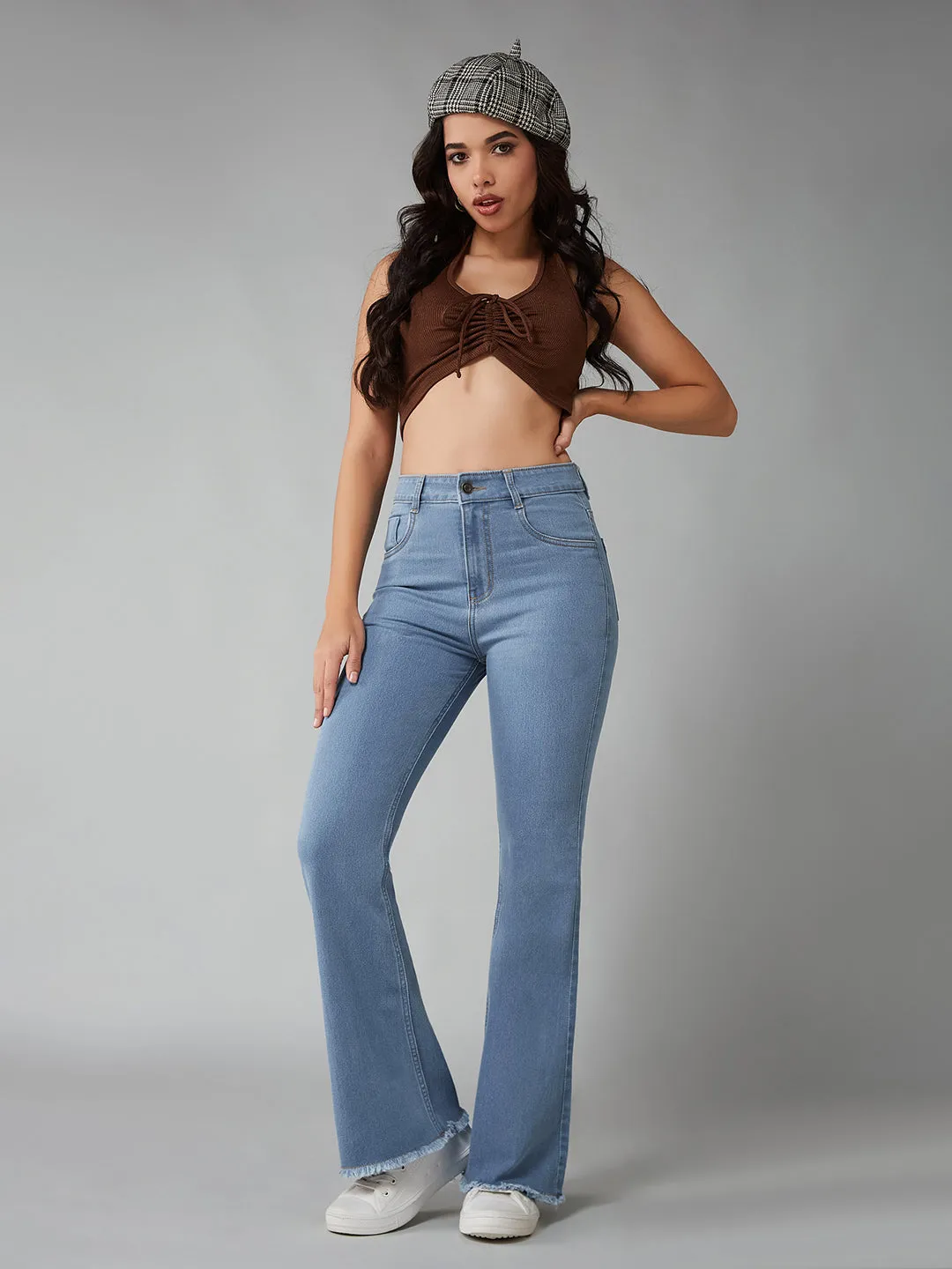 Women's Light Blue Bootcut High-Rise Clean-Look Regular Stretchable Denim Jeans