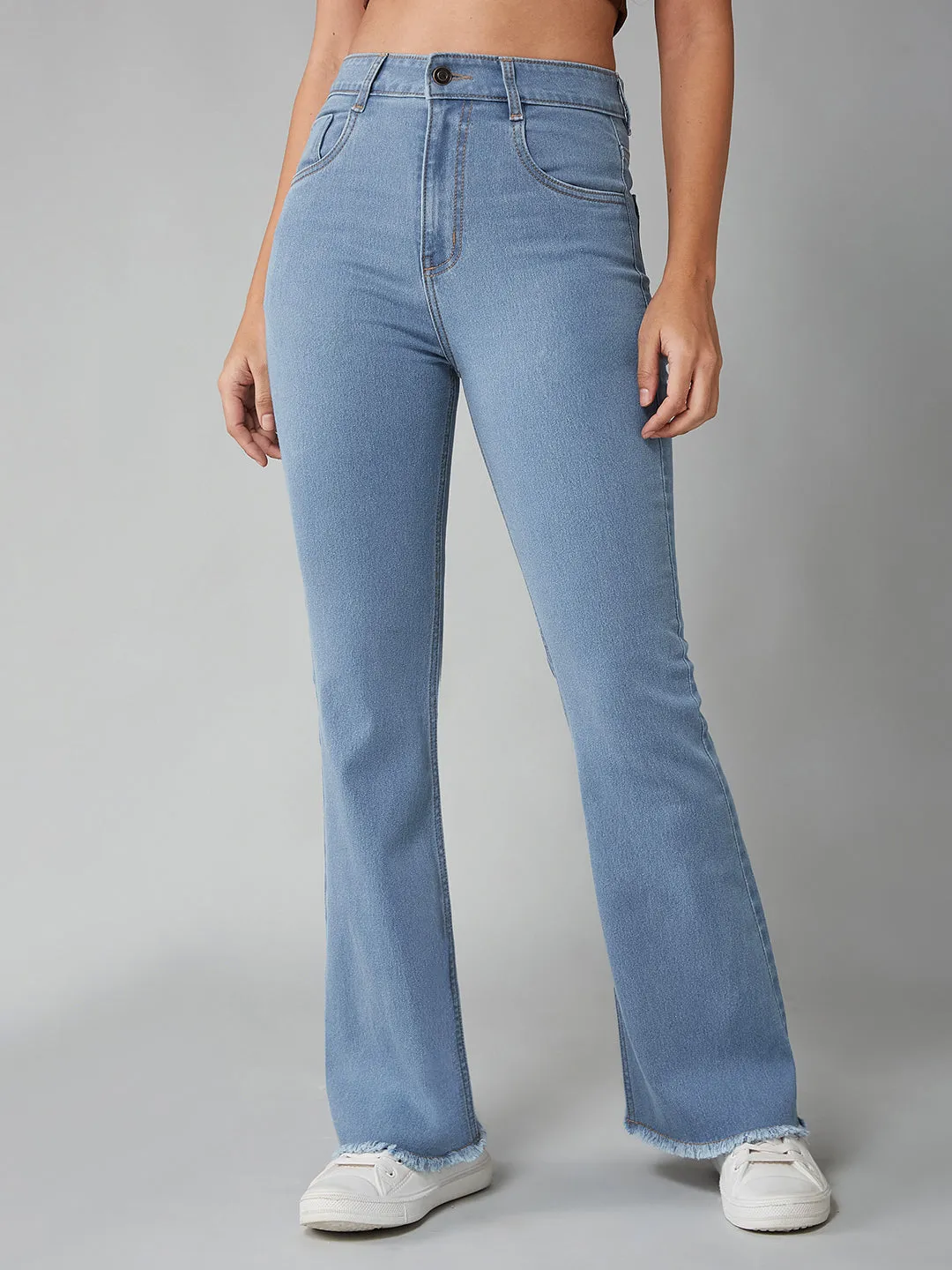 Women's Light Blue Bootcut High-Rise Clean-Look Regular Stretchable Denim Jeans