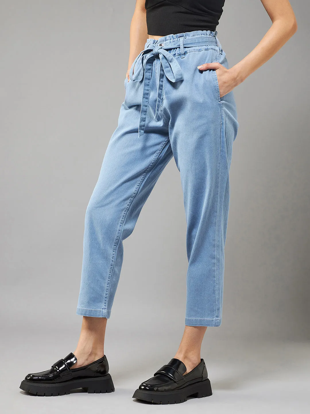 Women's Light Blue Paperbag High-Rise Clean-Look Regular Stretchable Denim Jeans
