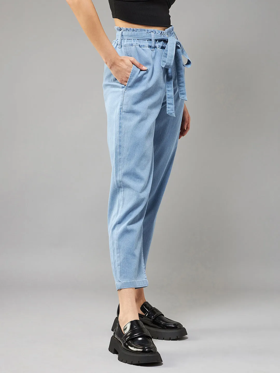 Women's Light Blue Paperbag High-Rise Clean-Look Regular Stretchable Denim Jeans