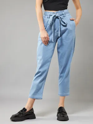 Women's Light Blue Paperbag High-Rise Clean-Look Regular Stretchable Denim Jeans