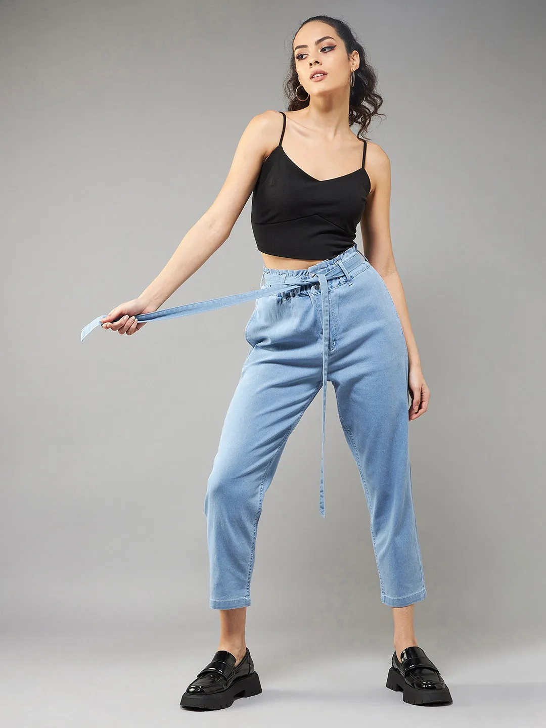 Women's Light Blue Paperbag High-Rise Clean-Look Regular Stretchable Denim Jeans