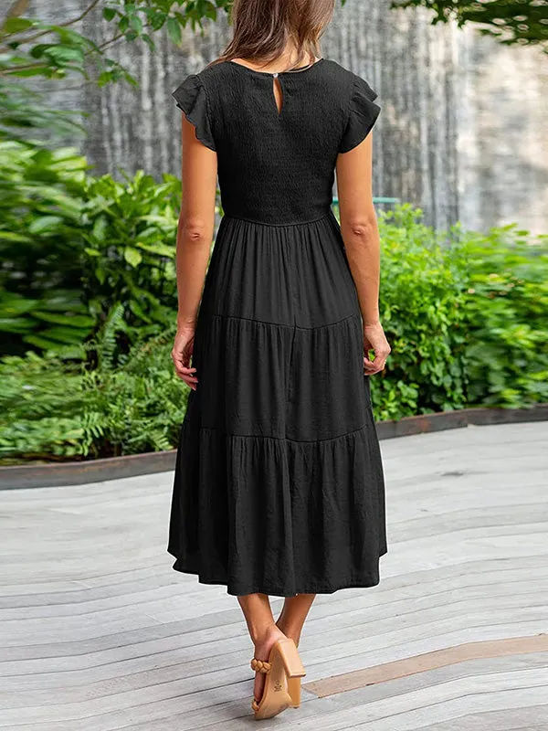 Women's Smocked Ruffle Butterfly Sleeve A-Line Midi Dress