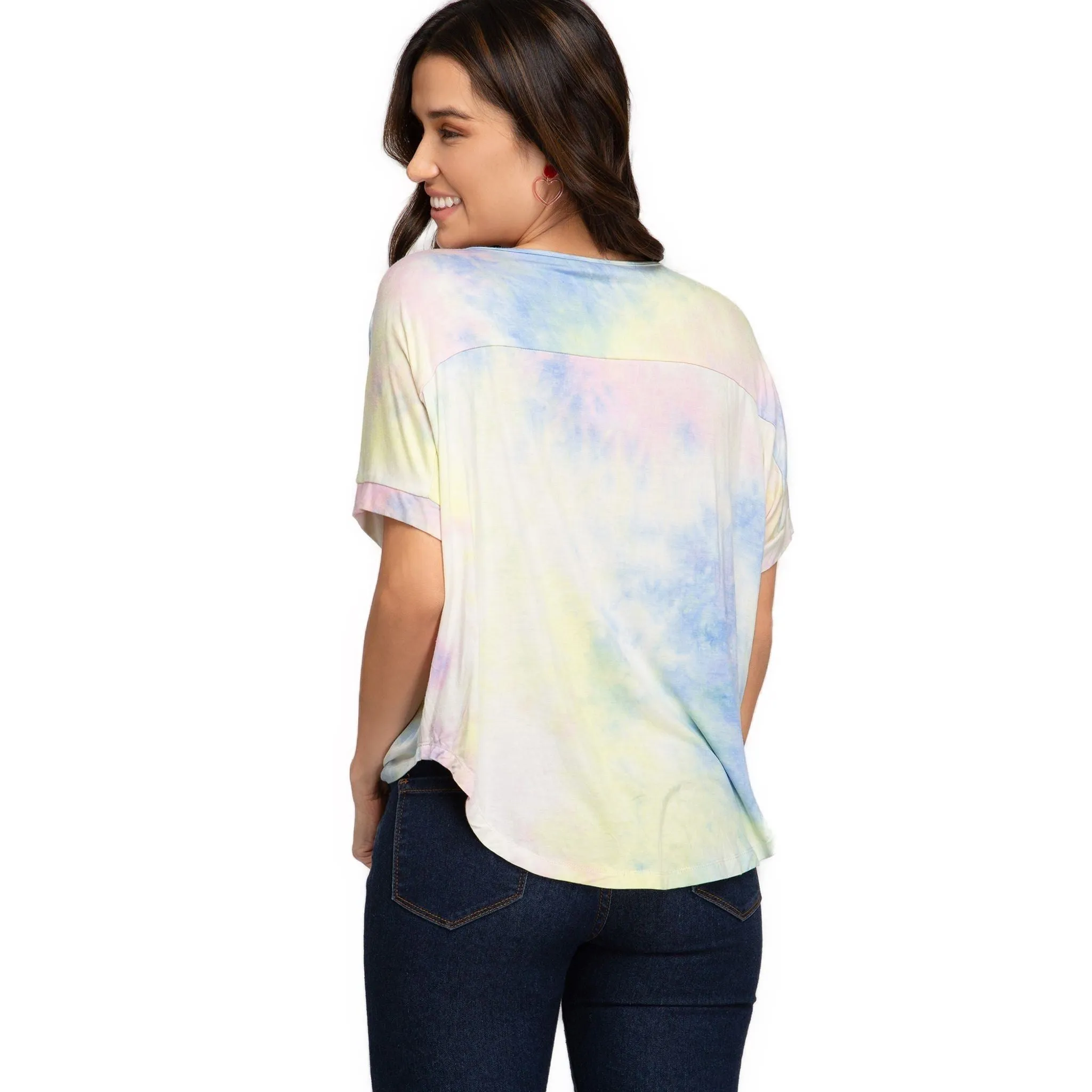 Women's Tie Dye V-Neck Knit Top – Blue, Green, and Yellow