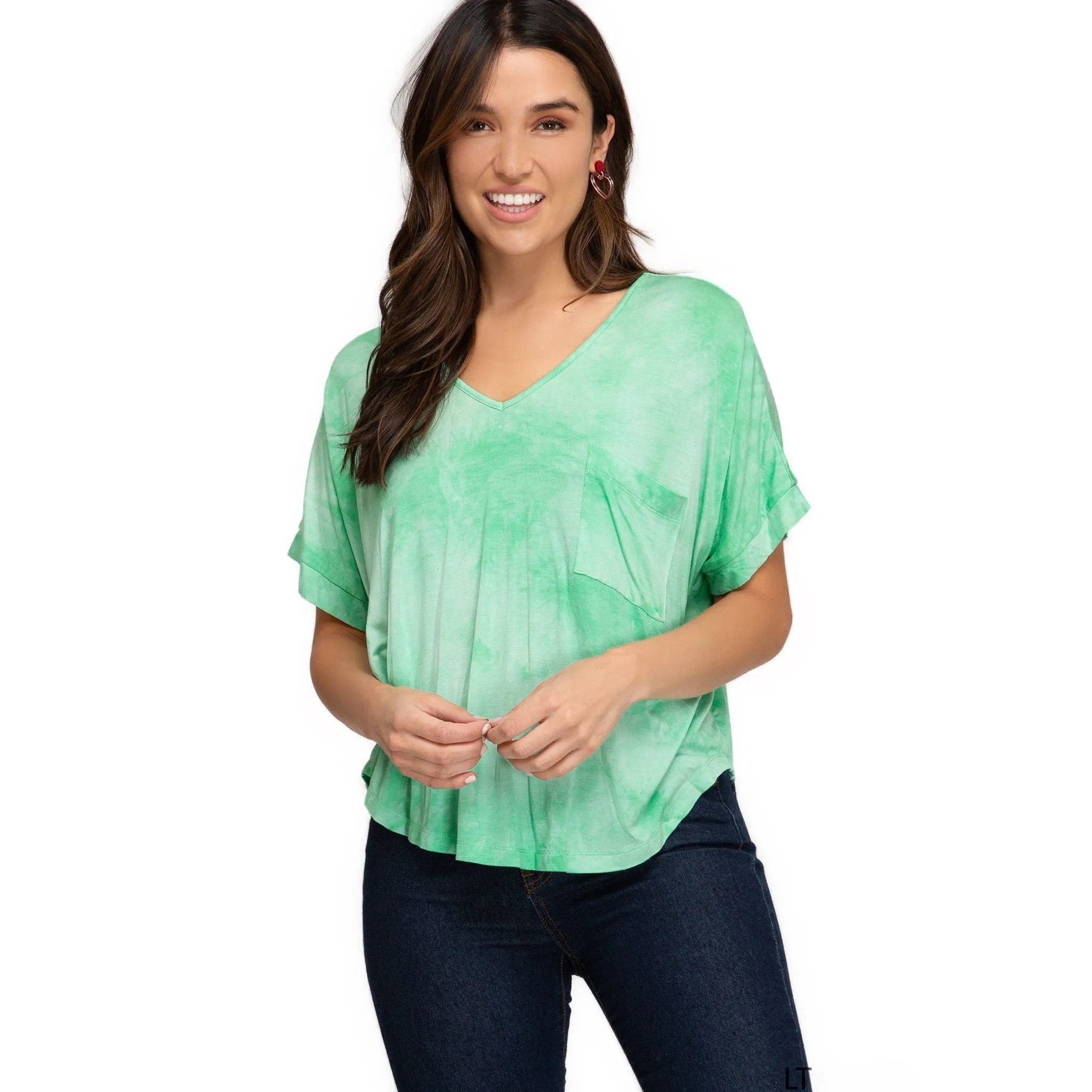 Women's Tie Dye V-Neck Knit Top – Blue, Green, and Yellow