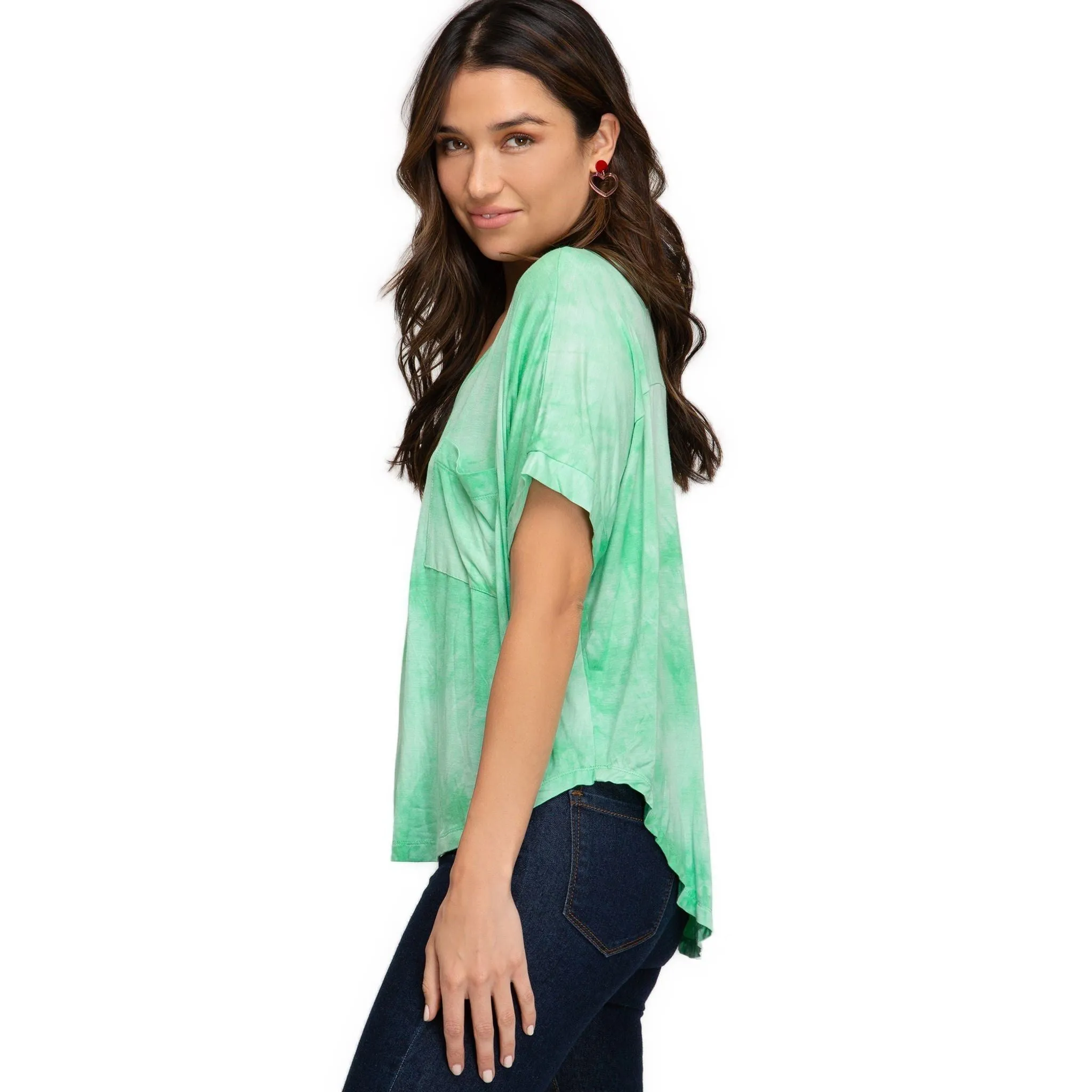 Women's Tie Dye V-Neck Knit Top – Blue, Green, and Yellow