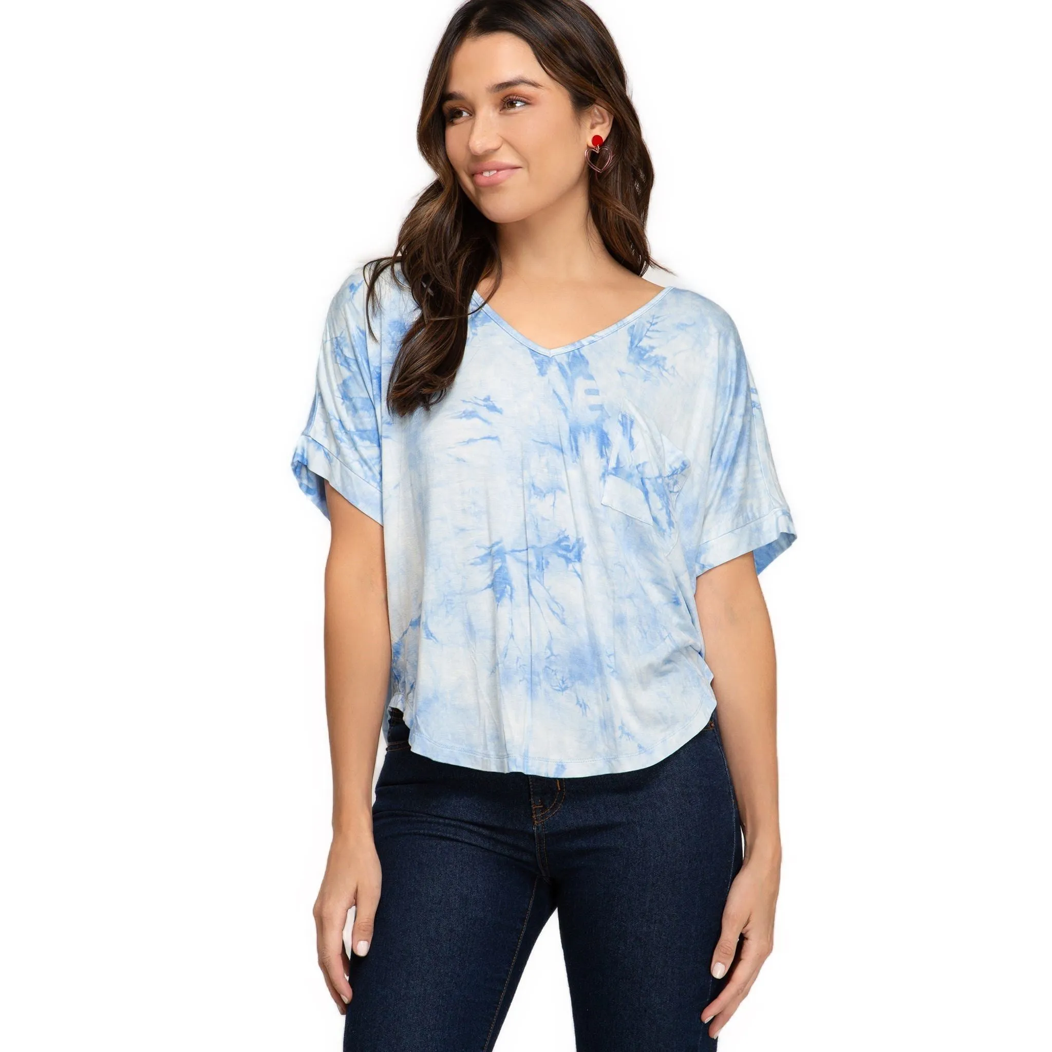 Women's Tie Dye V-Neck Knit Top – Blue, Green, and Yellow