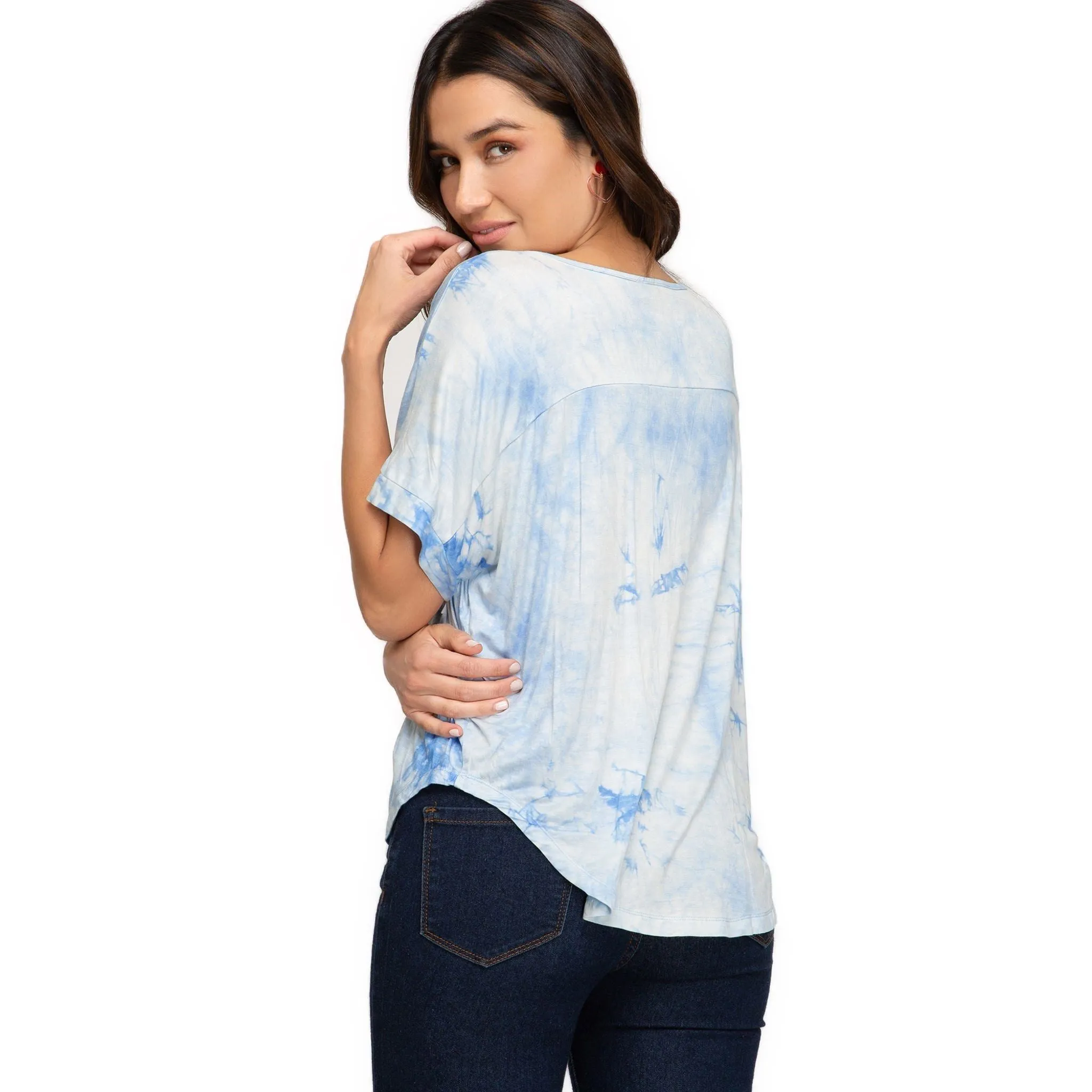 Women's Tie Dye V-Neck Knit Top – Blue, Green, and Yellow