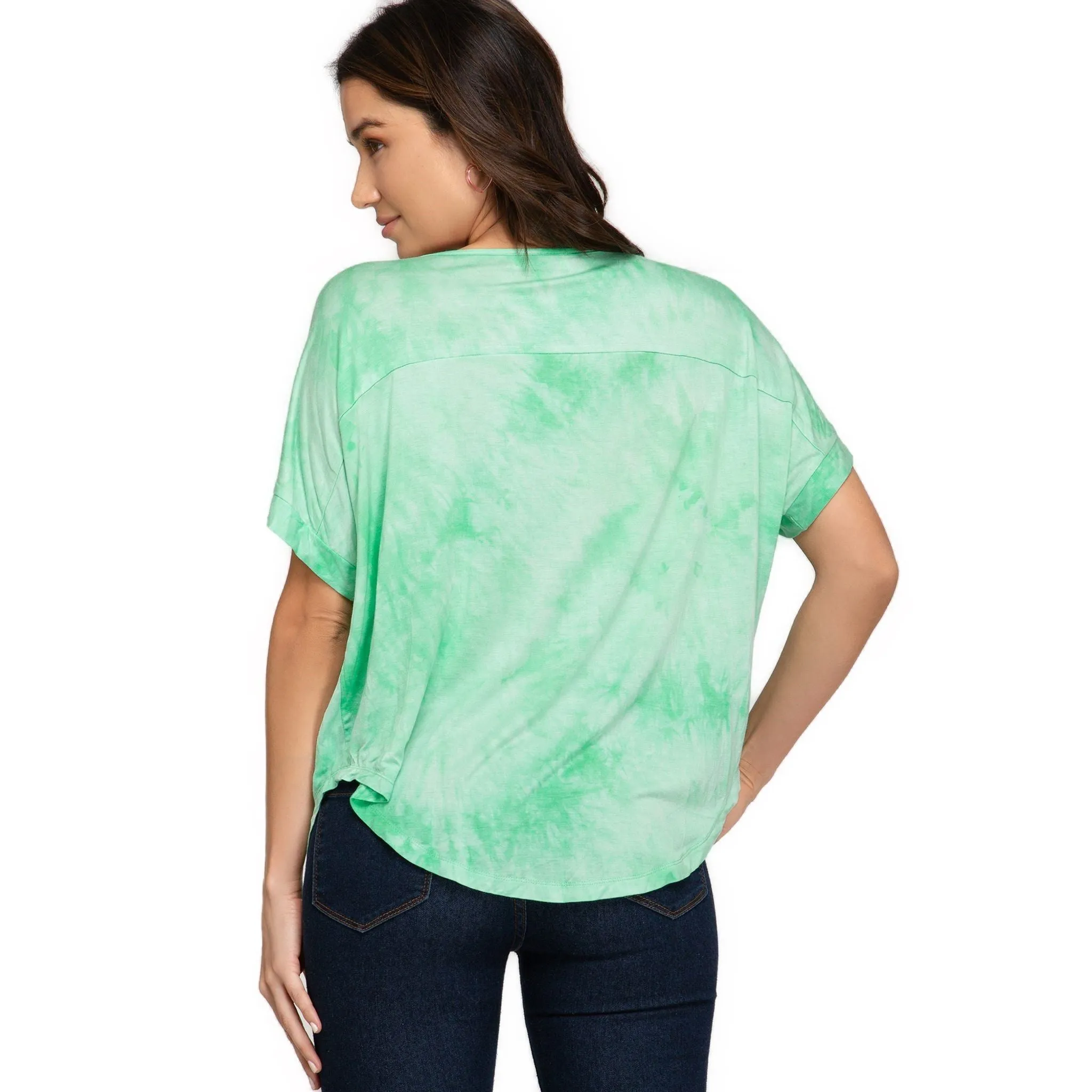 Women's Tie Dye V-Neck Knit Top – Blue, Green, and Yellow