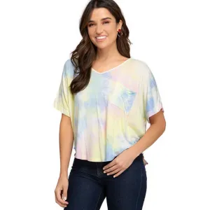 Women's Tie Dye V-Neck Knit Top – Blue, Green, and Yellow