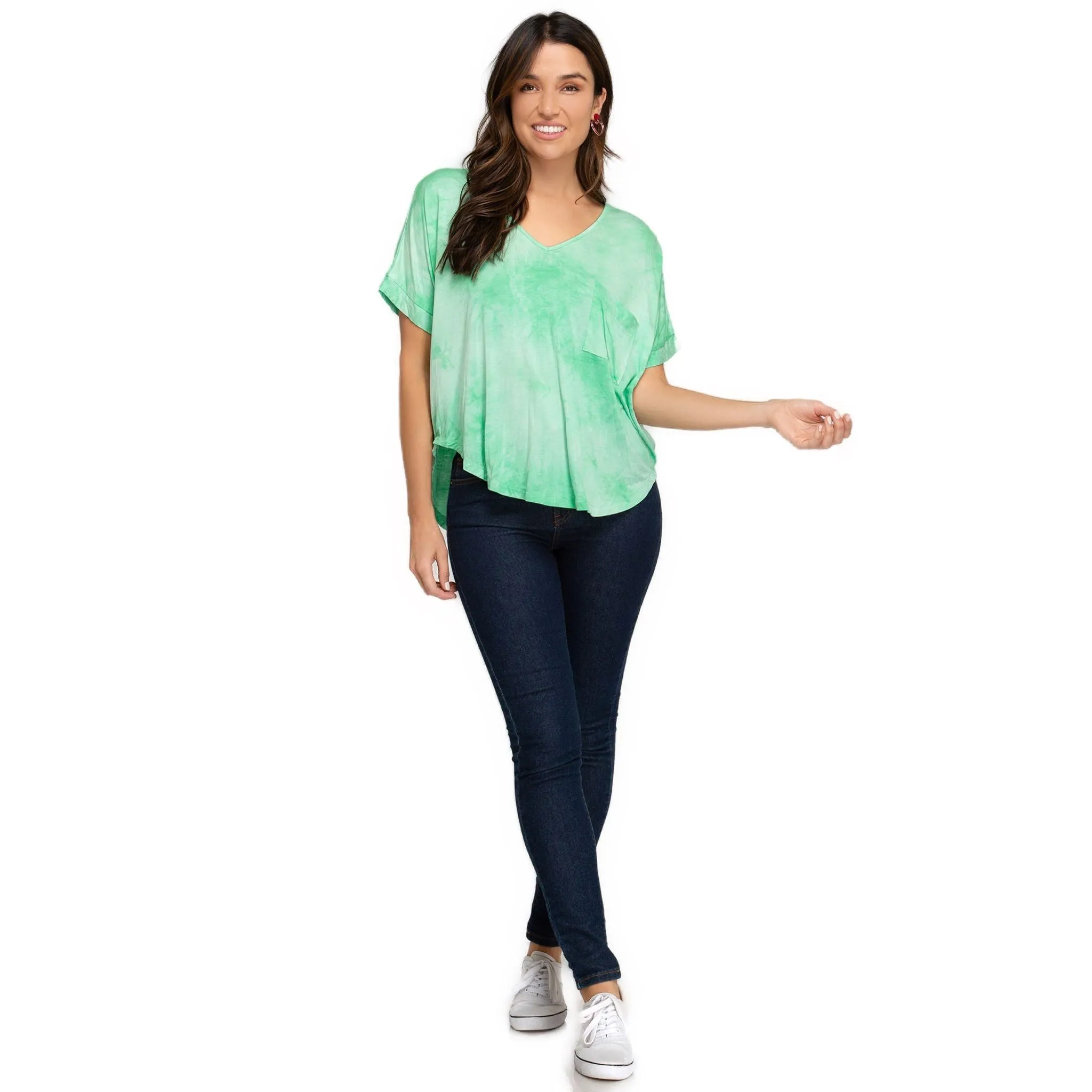Women's Tie Dye V-Neck Knit Top – Blue, Green, and Yellow