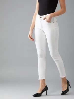 Women's White Skinny Mid-Rise Bleached Clean-Look Cropped Stretchable Denim Jeans
