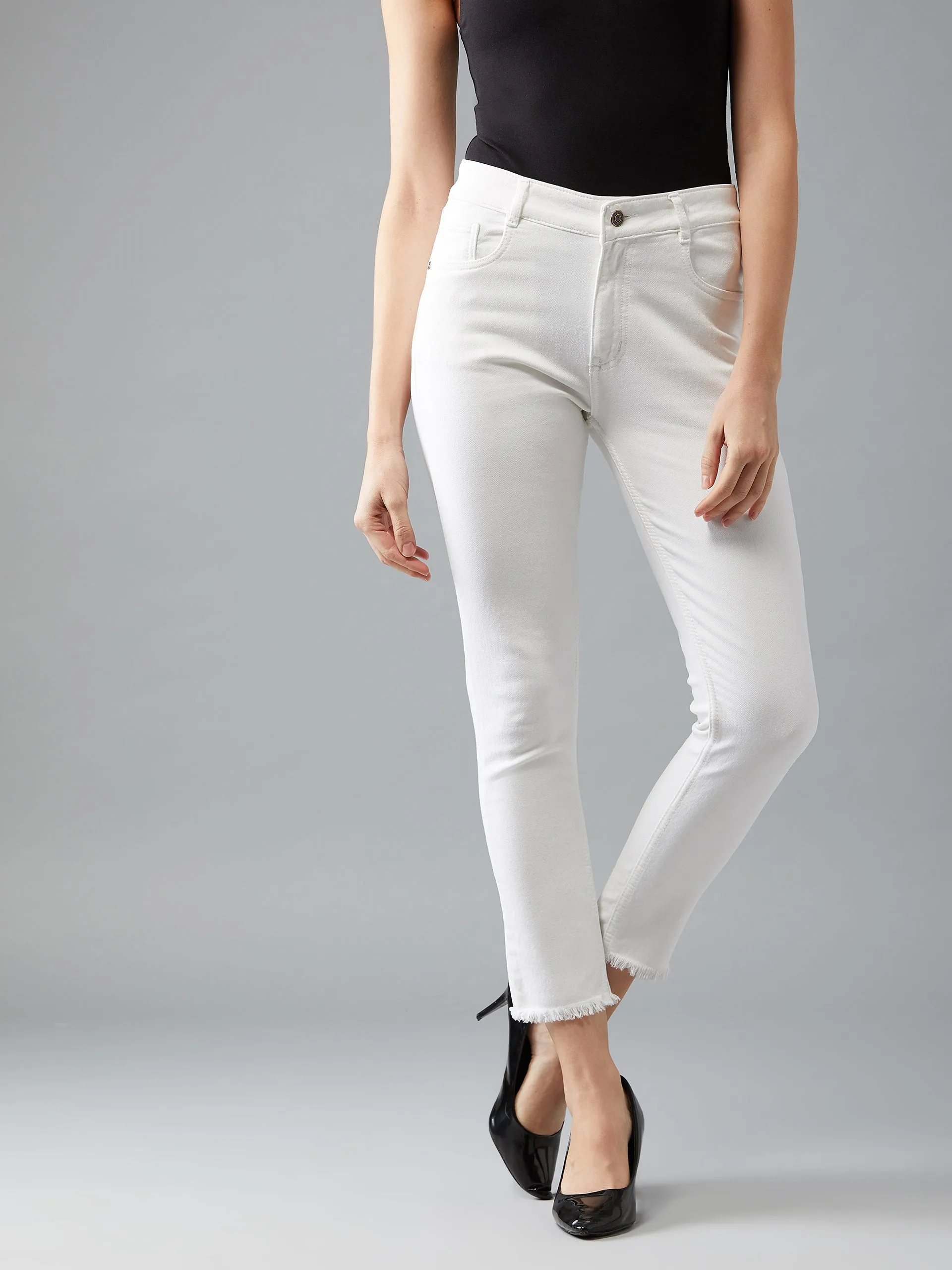 Women's White Skinny Mid-Rise Bleached Clean-Look Cropped Stretchable Denim Jeans